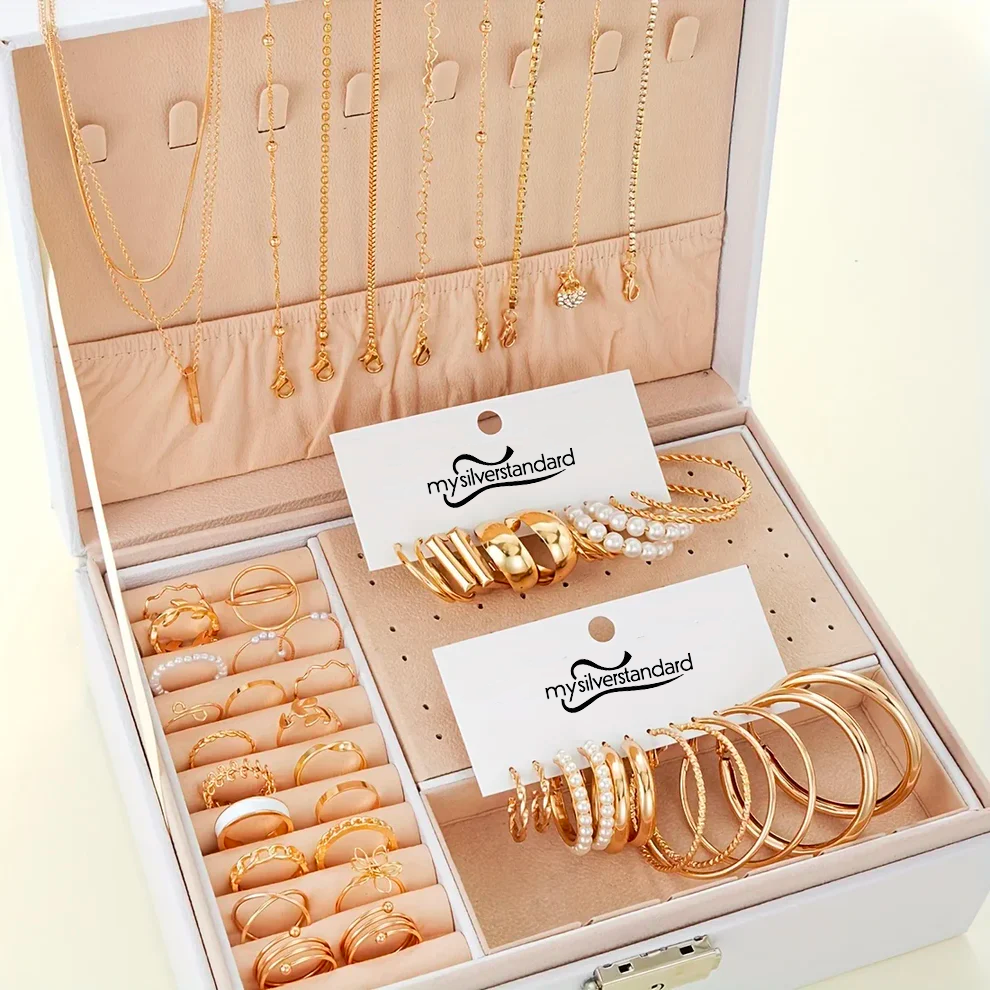 Radiant Elegance: 55-Piece Gold-Plated Jewelry Set with Rhinestones and Pearls