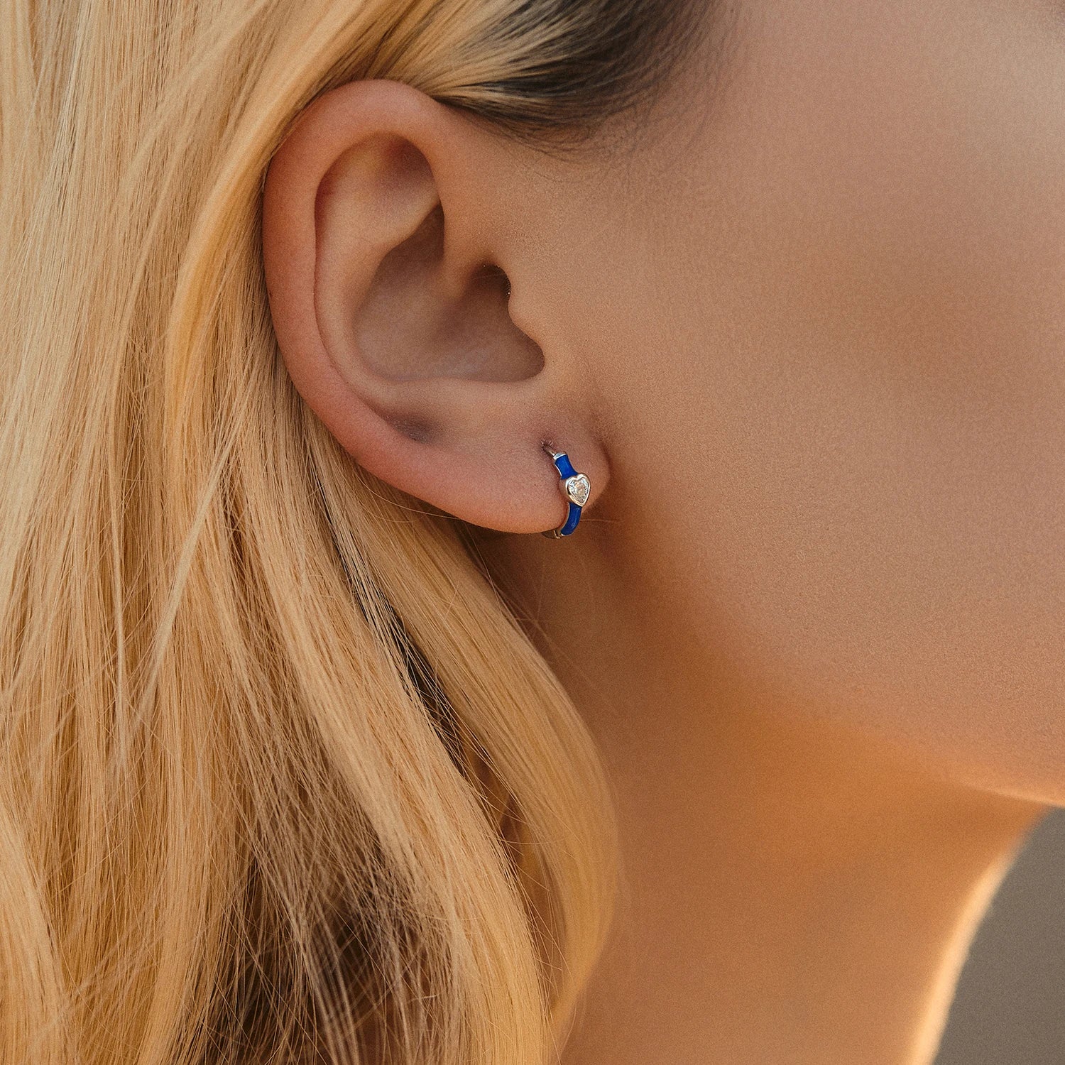 Klein Blue Enamel Heart CZ Hoop Earrings